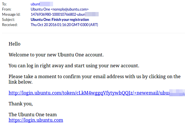 Ubuntu One Confirmation Mail