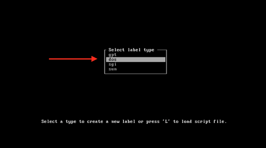 Create a partition of type DOS