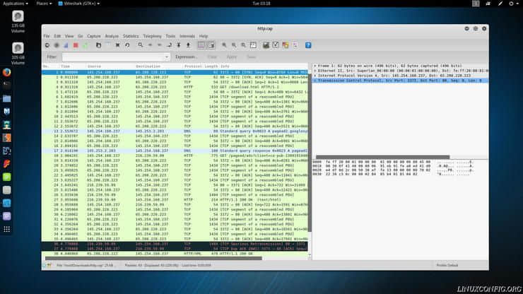 Wireshark listing packet information