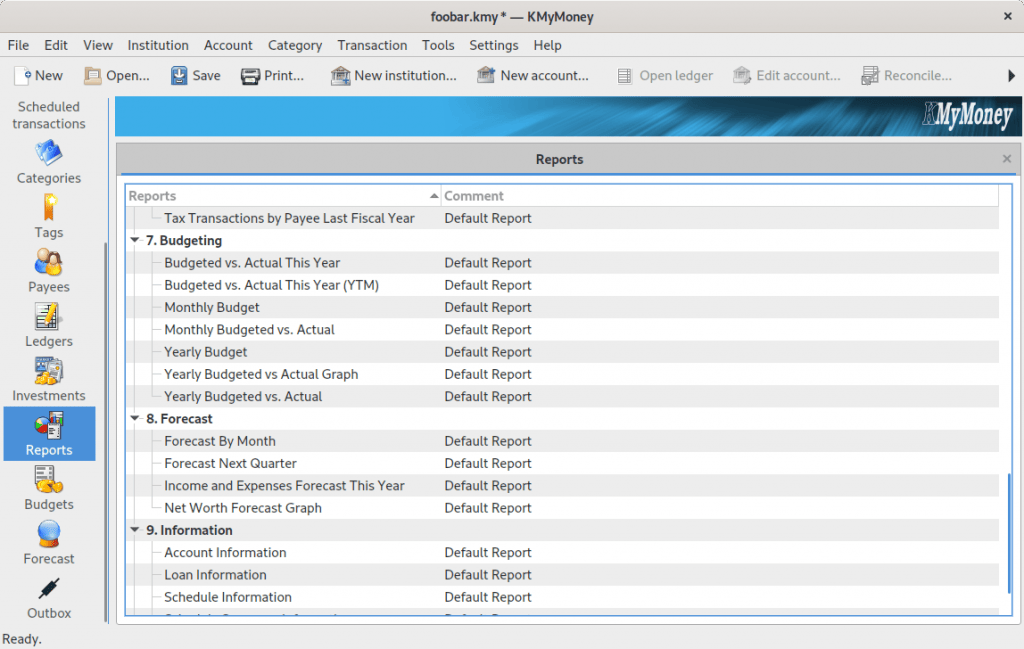 A subset of the many reports available in KMyMoney.