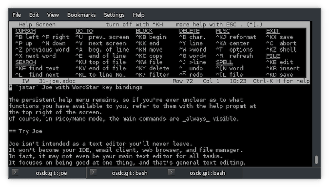 Black terminal with white text showing WordStar key bindings