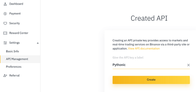 Creating an API key in Binance