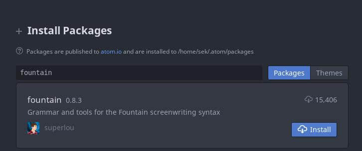 为 Atom 安装一个 Fountain 插件 (Seth Kenlon, CC BY-SA 4.0)