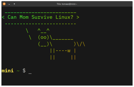 Cowsay "Can Mom Survive Linux?"