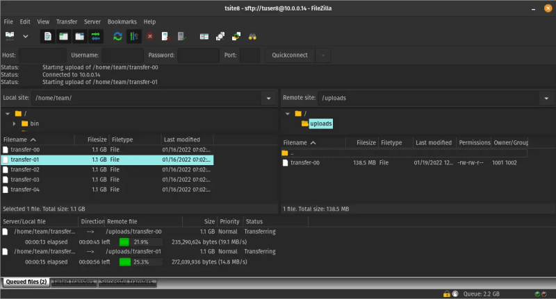 Transfer queue pane showing the local file name, remote destination, transfer speed and an ETA