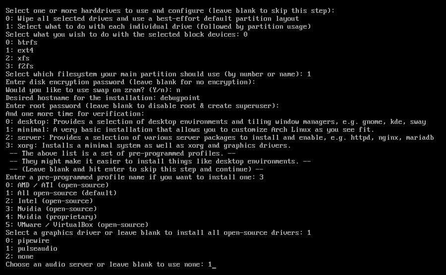 Various options in archinstall -1