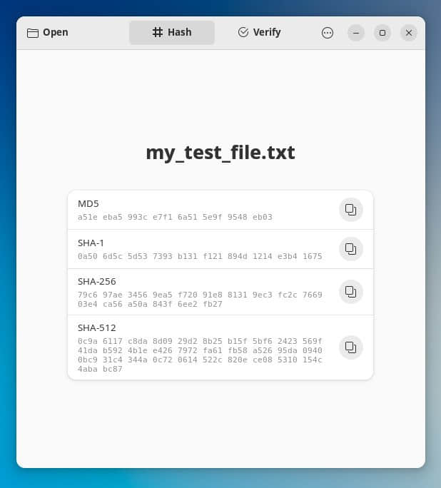 Hash values of a test file