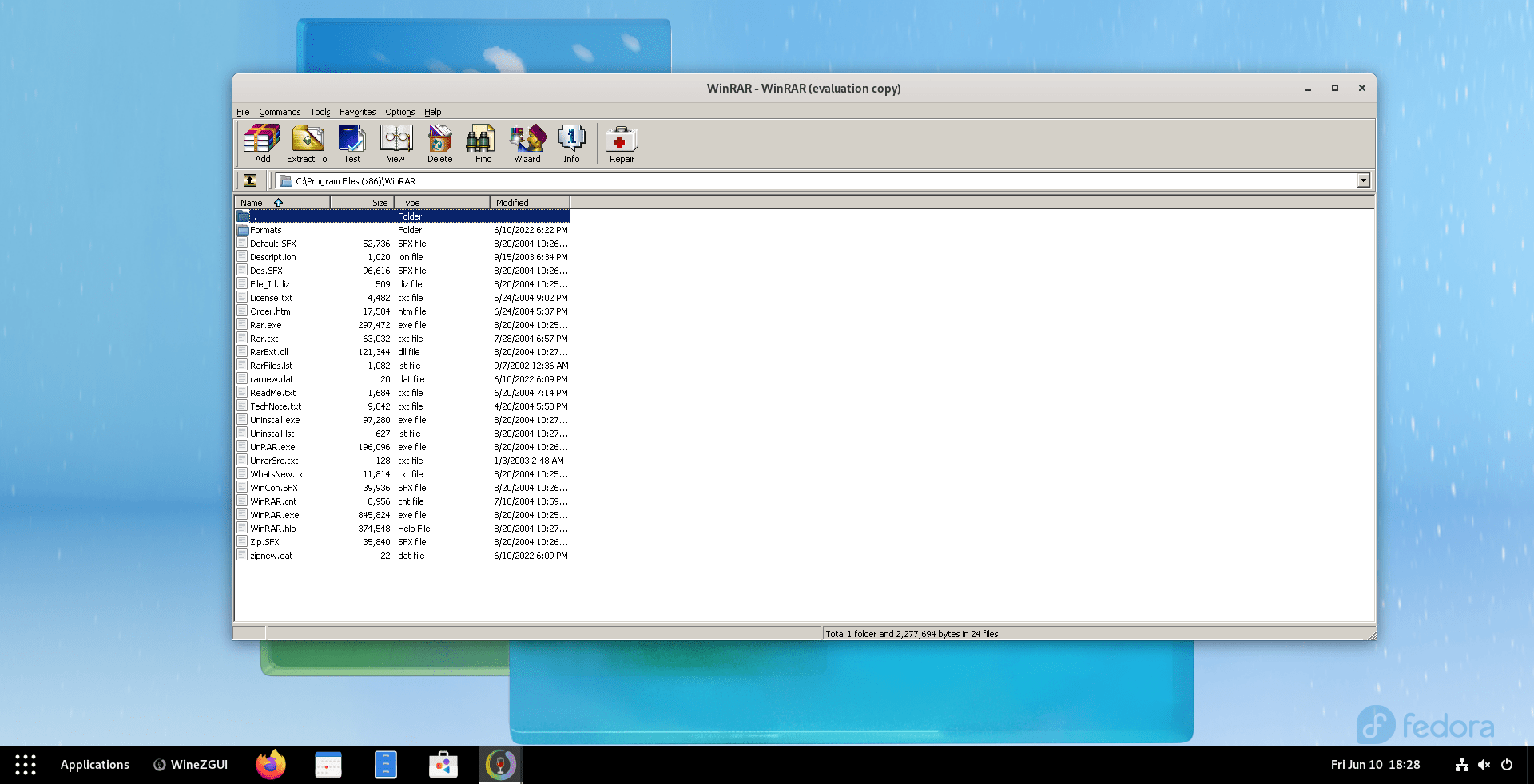 WinRAR Is Running In Fedora Using Wine