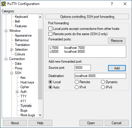 Port forwarding in PuTTY