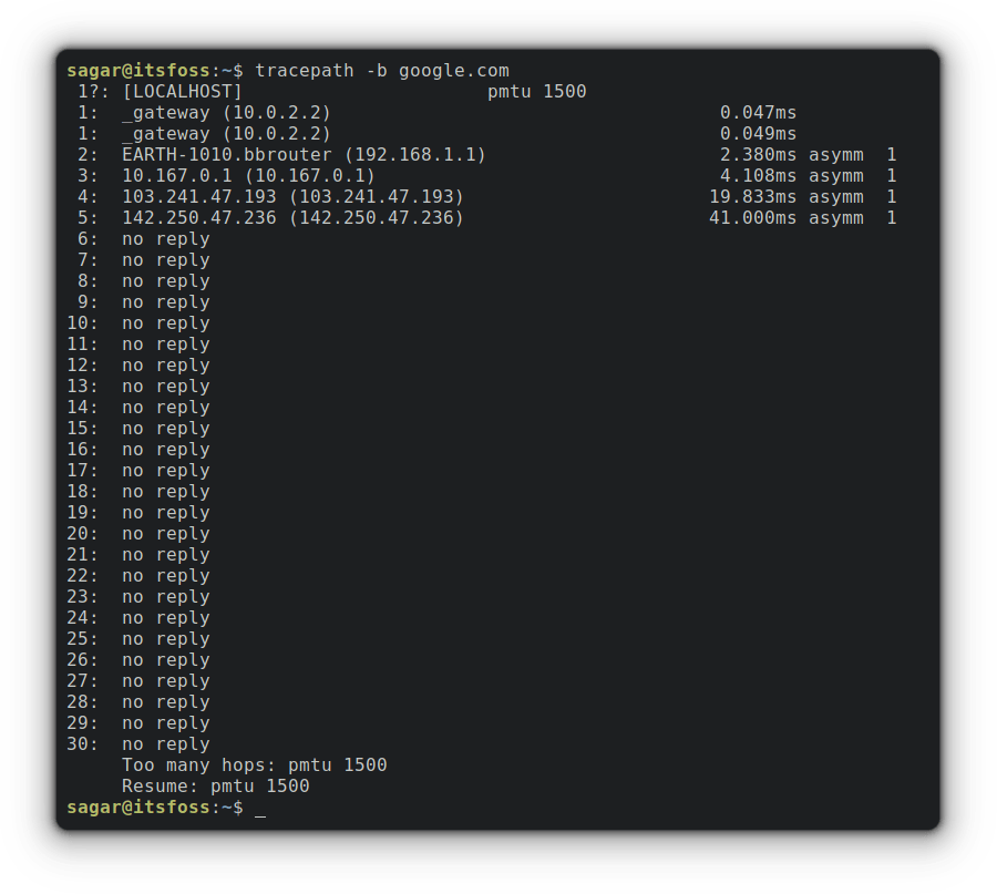 tracepath -b google.com