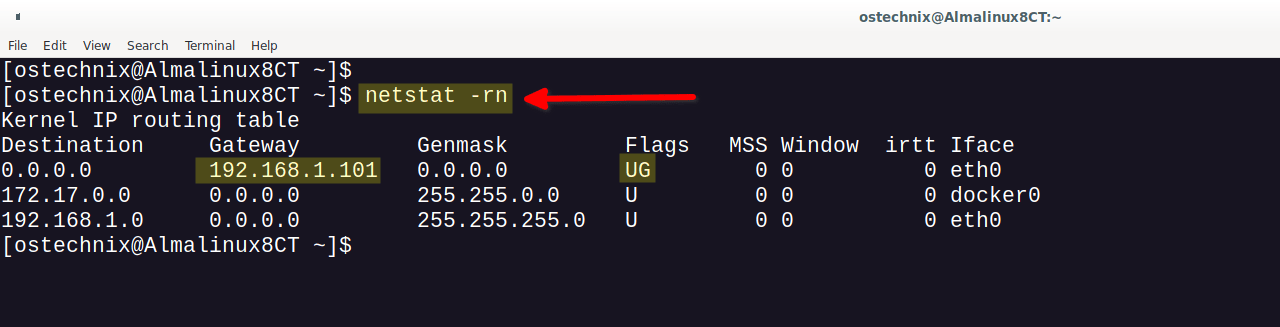 使用 netstat 命令查看网关 IP 地址