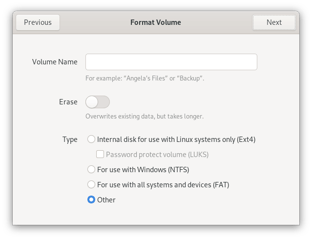 Selecting "other" for partition volume type