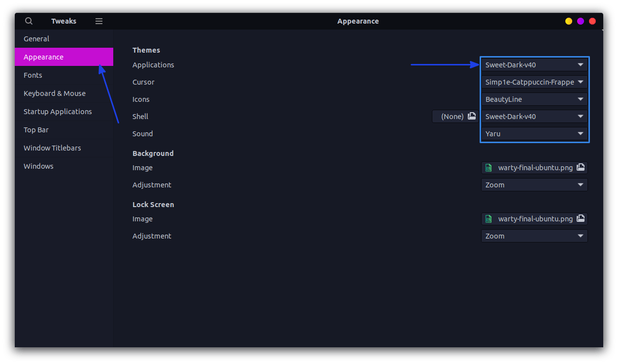 set themes with gnome tweaks