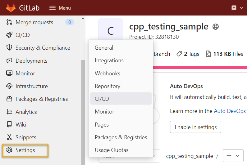 Select CI/CD in Settings