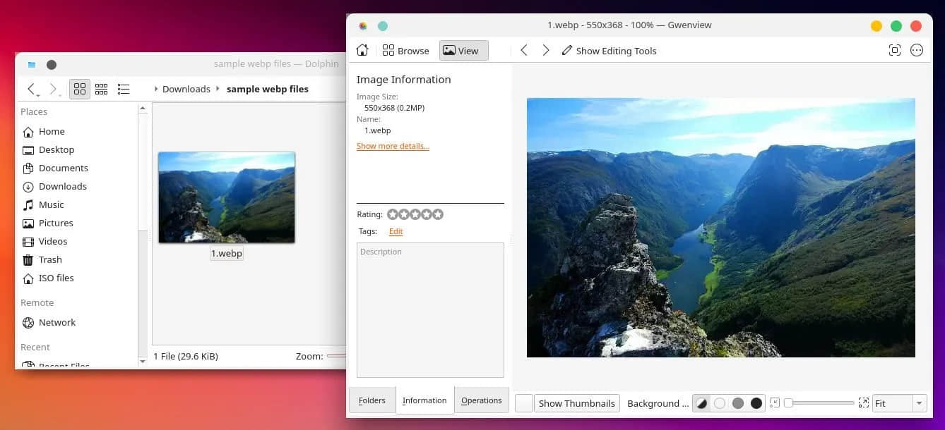 Dolphin and Gwenview displaying a sample WebP image on KDE Plasma